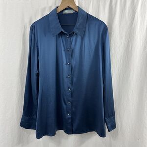Ravella Milano 100% Silk Blue Round Gold Ball Button Up Shirt Womens Size XXL